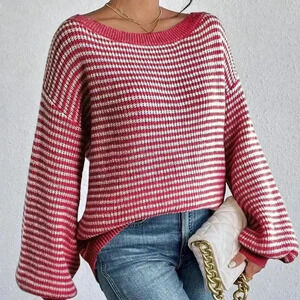 Pink Casual Women's Striped Printed Turtleneck Pullover Sweater